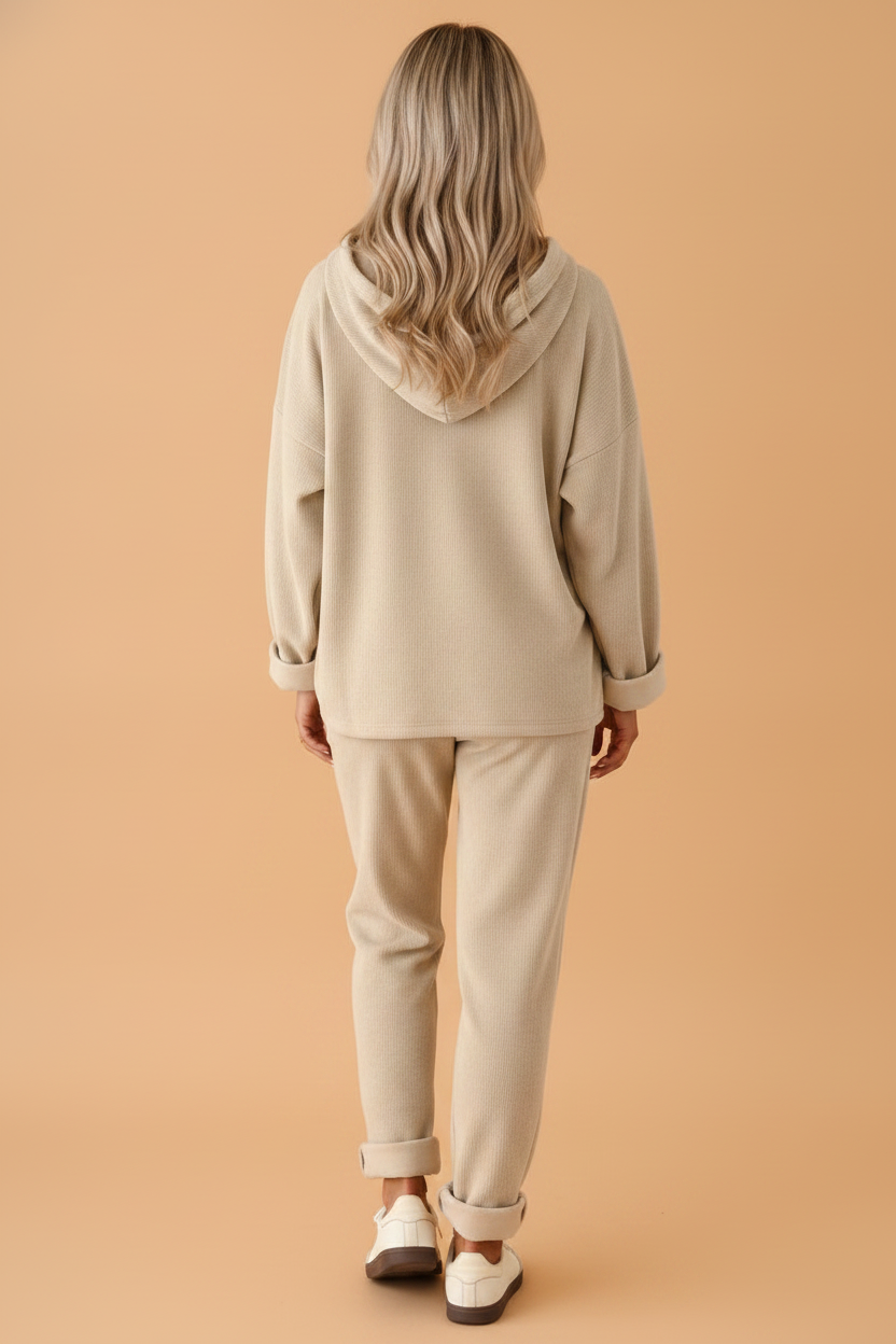 Solid Corduroy Contrast Drawstring Hoodie & Pants Set