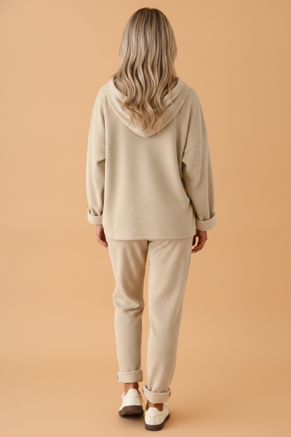 Solid Corduroy Contrast Drawstring Hoodie & Pants Set