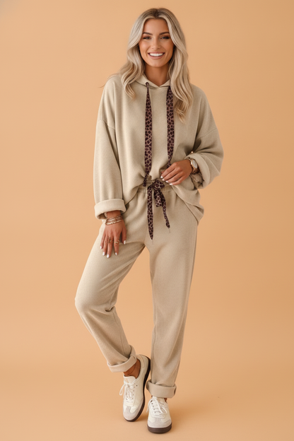 Solid Corduroy Contrast Drawstring Hoodie & Pants Set