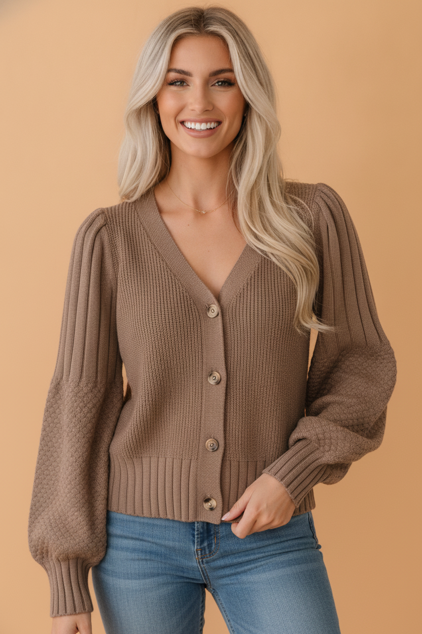 Solid Textured Knit Button Front V-Neck Cardigan