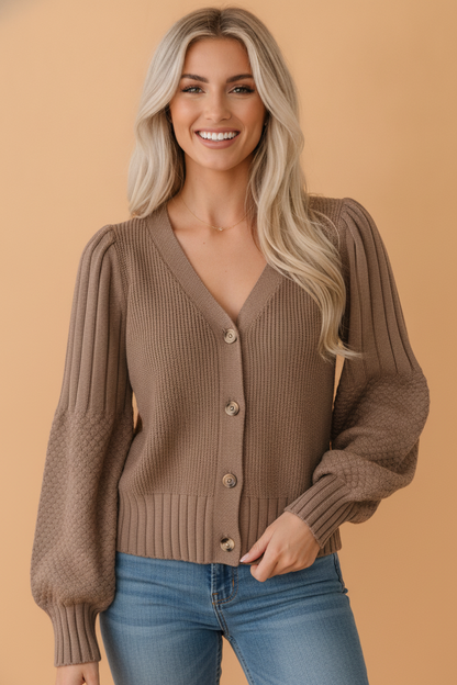 Solid Textured Knit Button Front V-Neck Cardigan