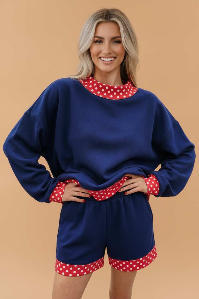 Polka Dot Contrast Trim Sweatshirt & Shorts Set