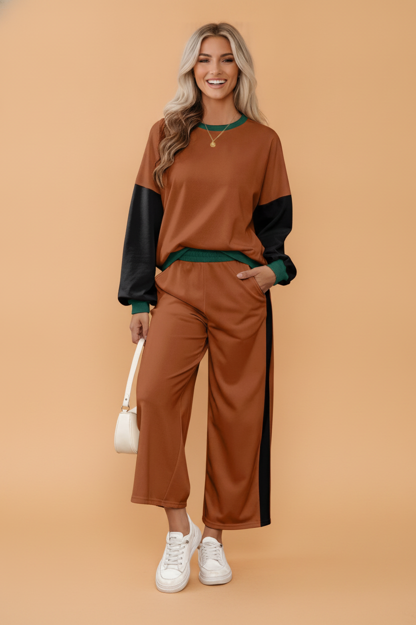 Colorblock Sweatshirt & Loose Pants Set
