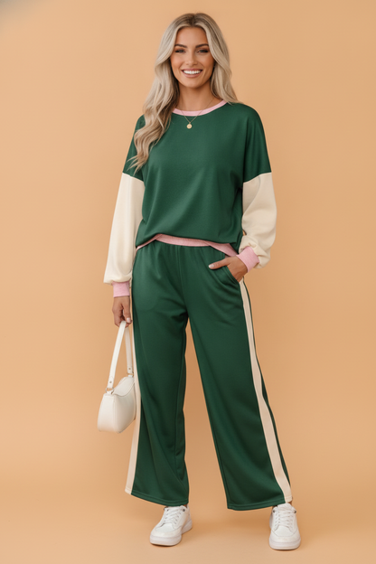 Colorblock Sweatshirt & Loose Pants Set