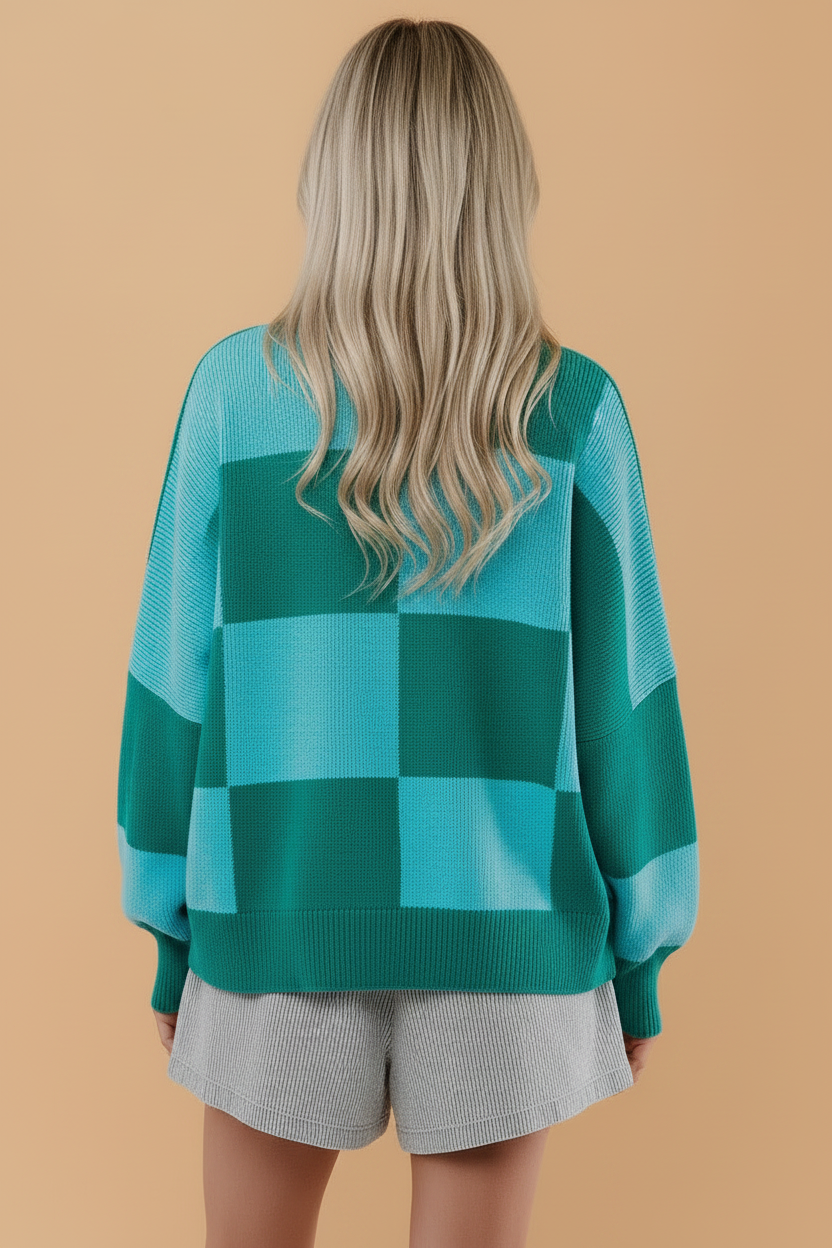 Checker Side Slit Long Sleeve Oversized Sweater