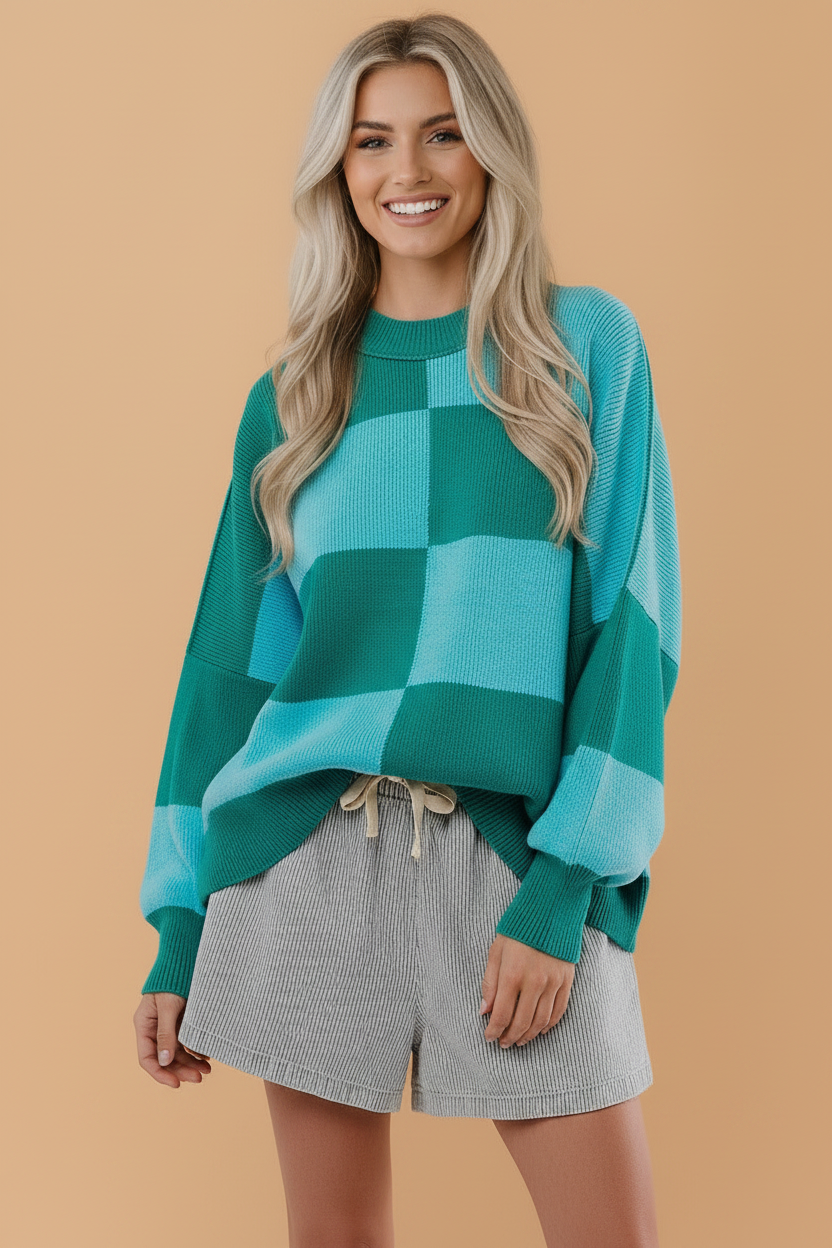 Checker Side Slit Long Sleeve Oversized Sweater