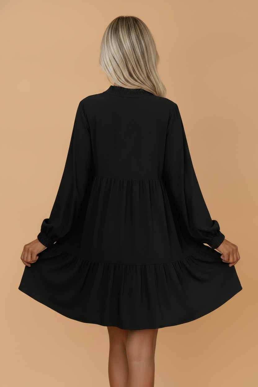 Solid Tie Split Neck Smocked Puff Sleeve Dress