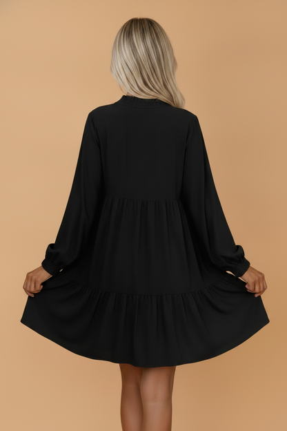 Solid Tie Split Neck Smocked Puff Sleeve Dress