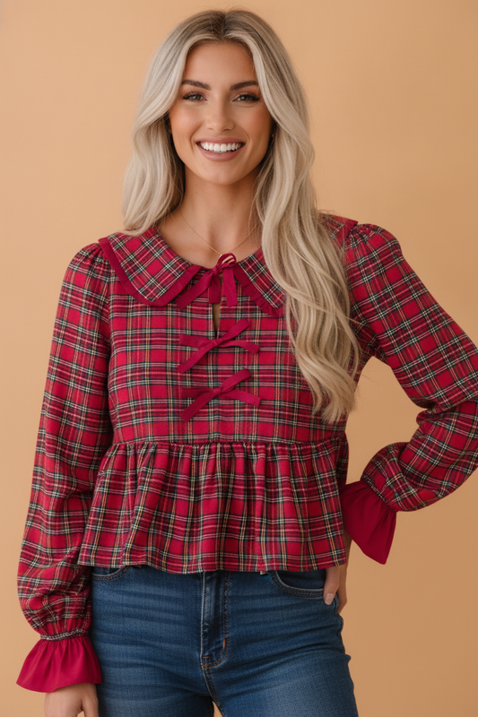 Plaid Collared Bow Tie Ruffle Long Sleeve Blouse