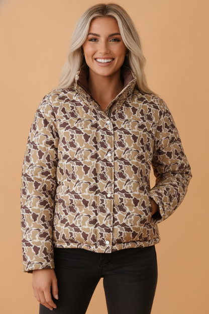 Camo Quilted Button Collar Long Sleeve Puffer Coat