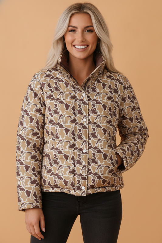Camo Quilted Button Collar Long Sleeve Puffer Coat