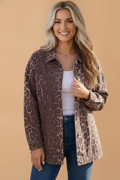Leopard Denim Patch Pocket Oversized Jacket