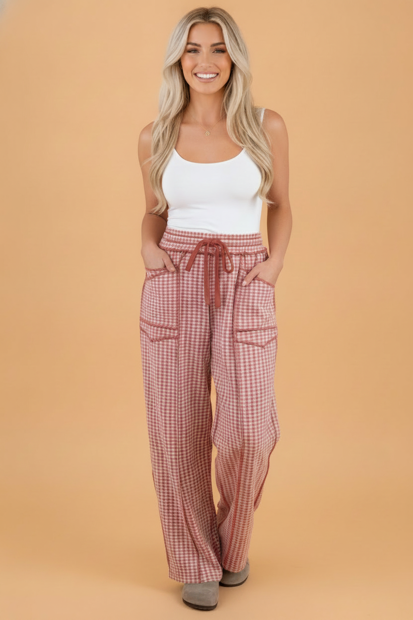Gingham Exposed Seam Drawstring Elastic Waist Pants