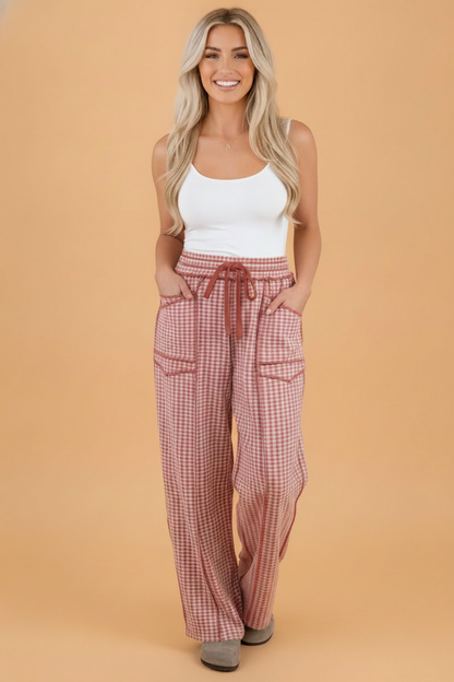 Gingham Exposed Seam Drawstring Elastic Waist Pants
