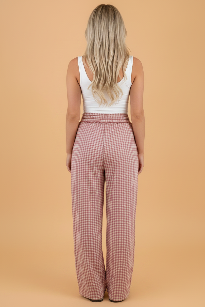 Gingham Exposed Seam Drawstring Elastic Waist Pants