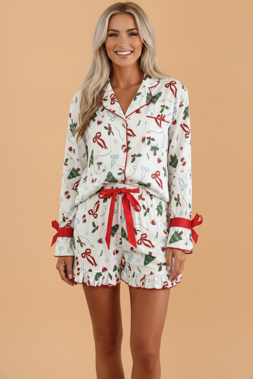 Christmas Bow Tie Ruffle Top & Short Pajama Set