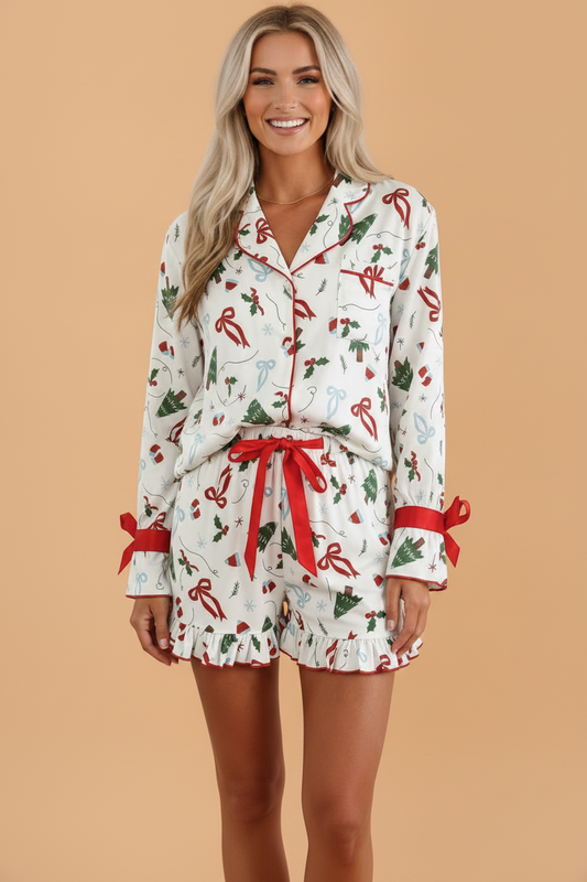Christmas Bow Tie Ruffle Top & Short Pajama Set