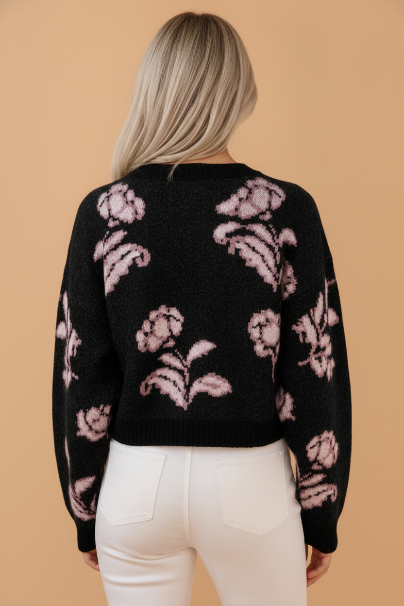 Floral Puff Sleeve Drop Shoulder Fuzzy Sweater