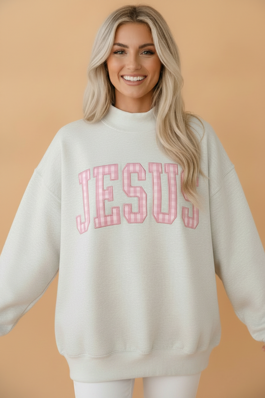 JESUS Gingham Patch Embroidered Mock Neck Sweatshirt