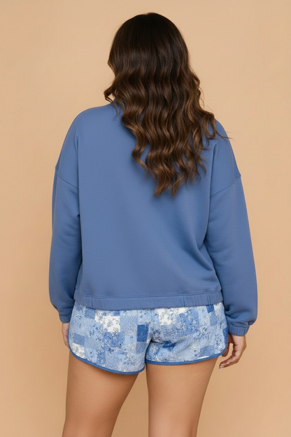Plus Size Floral Patchwork Long Sleeve Top & Shorts Set