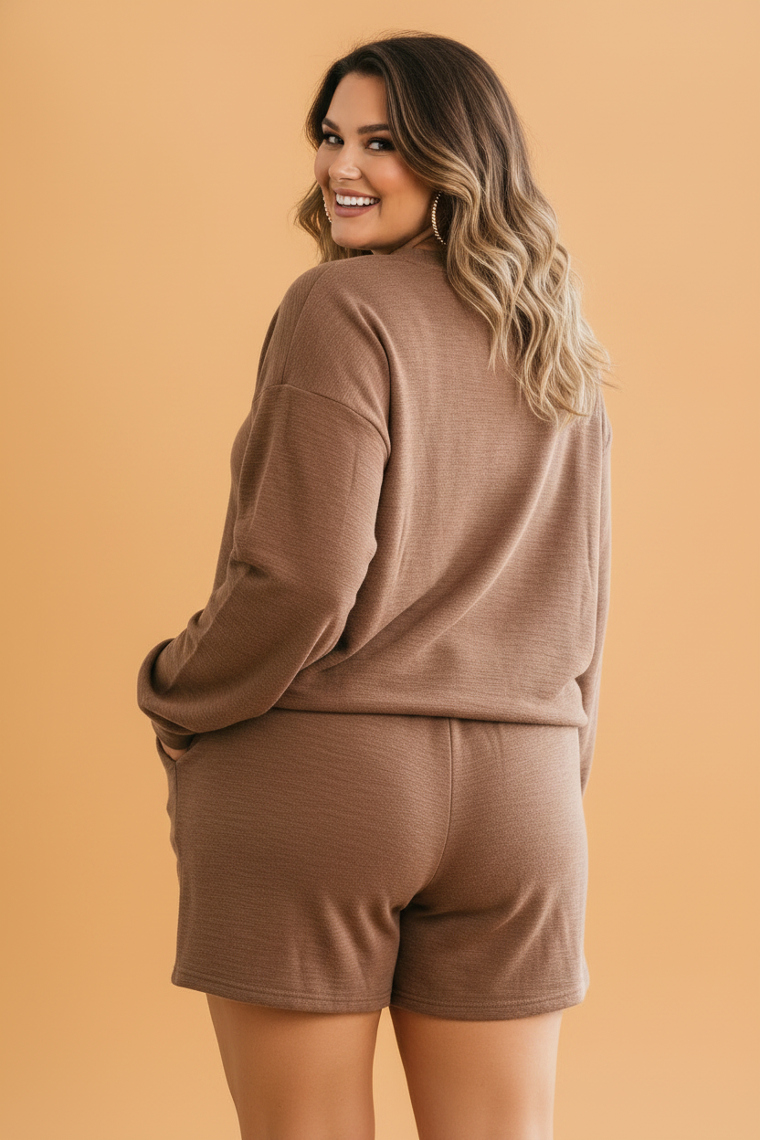 Plus Size Solid Long Sleeve Top & Shorts Set
