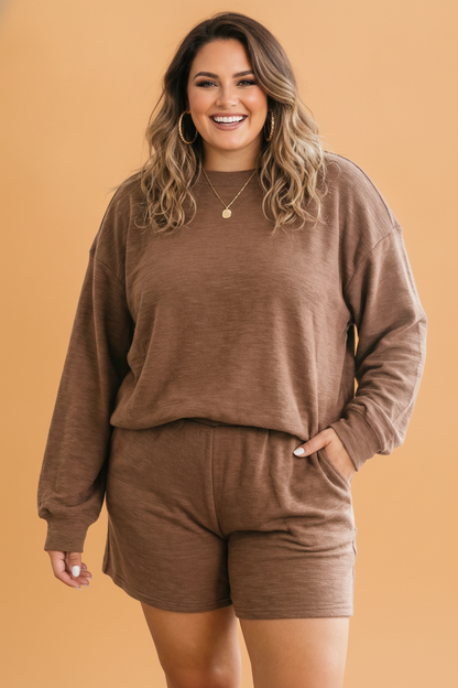Plus Size Solid Long Sleeve Top & Shorts Set