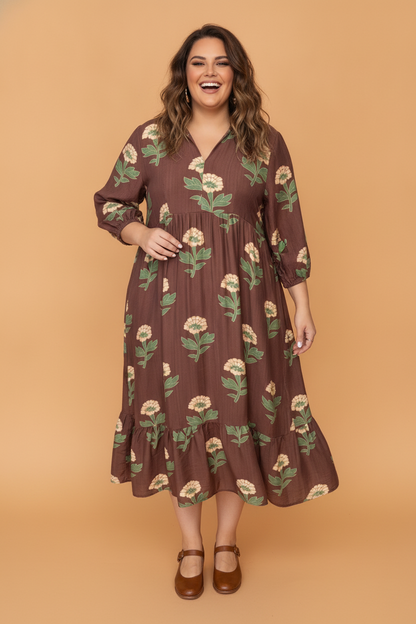 Plus Size Floral Collared V-Neck Long Sleeve Midi Dress