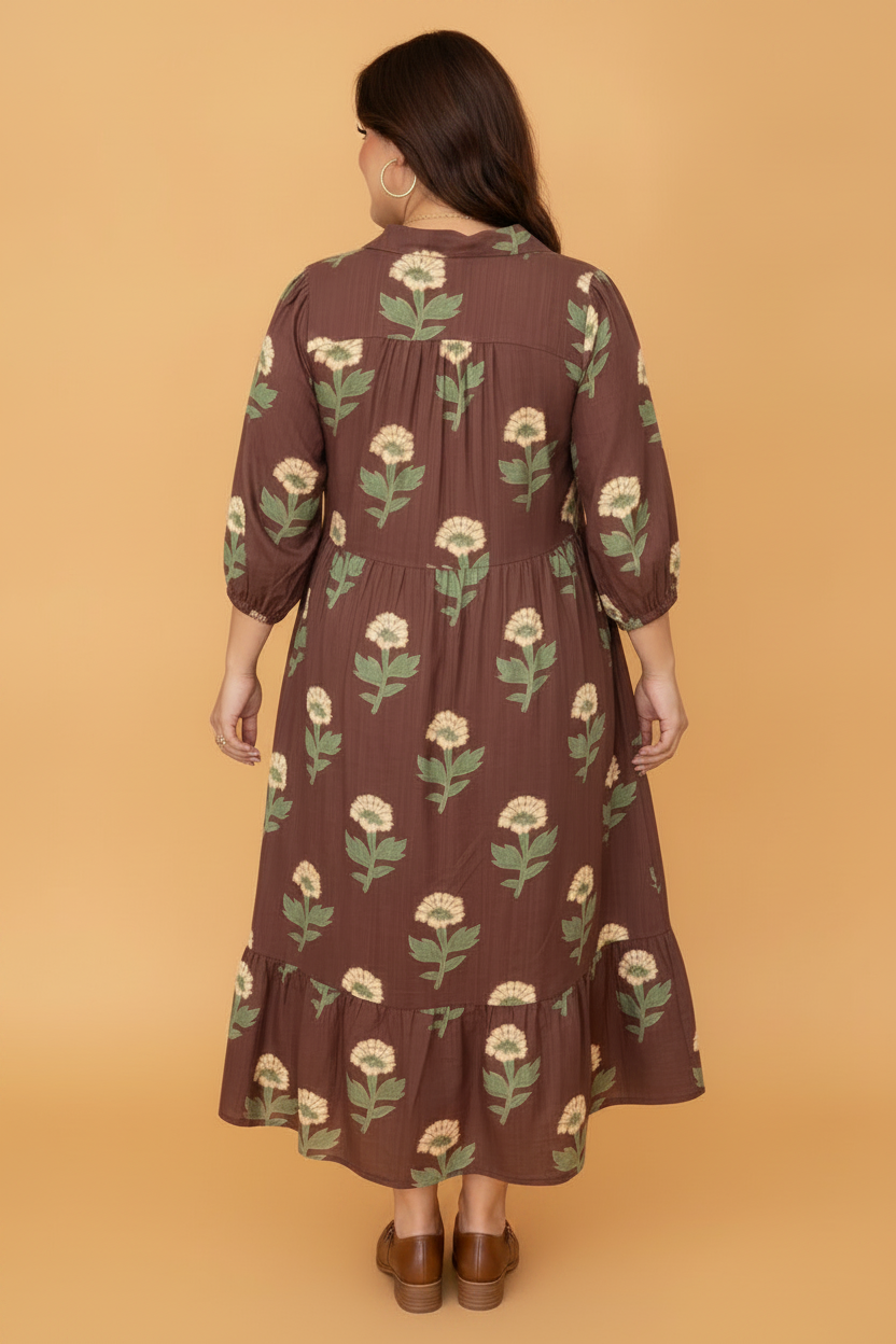 Plus Size Floral Collared V-Neck Long Sleeve Midi Dress