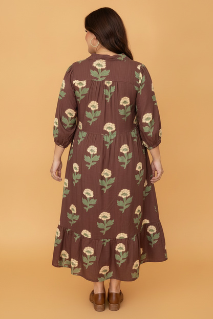 Plus Size Floral Collared V-Neck Long Sleeve Midi Dress