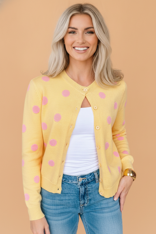 Polka Dot Button Front Sweater Knit Cardigan