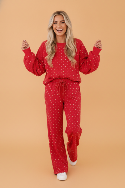 Polka Dot Long Sleeve Top & Wide Leg Pant Set