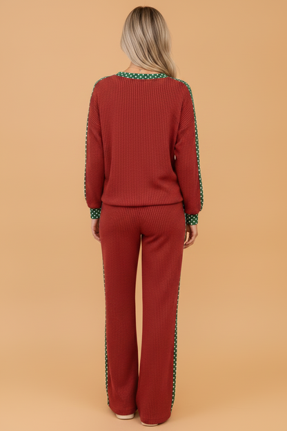 Leopard/Polka Dot Trim Long Sleeve Top & Pants Set