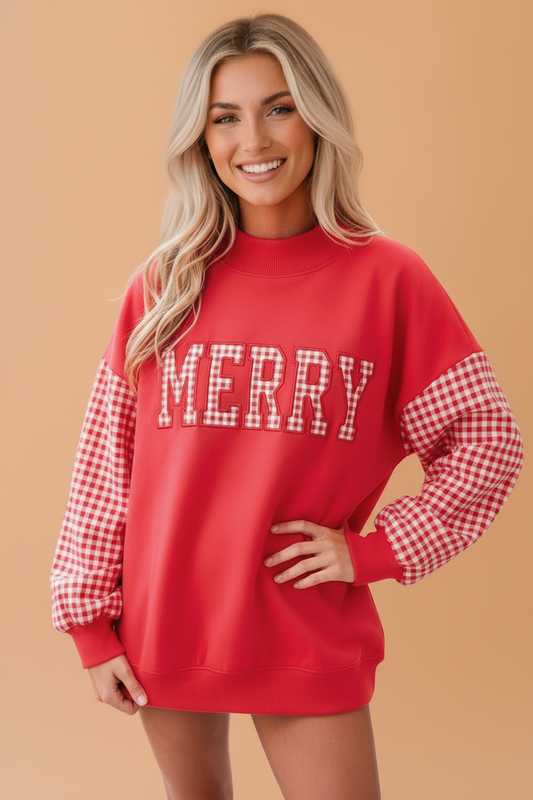 Merry Gingham Oversized Pullover Long Sleeve Sweatshirt