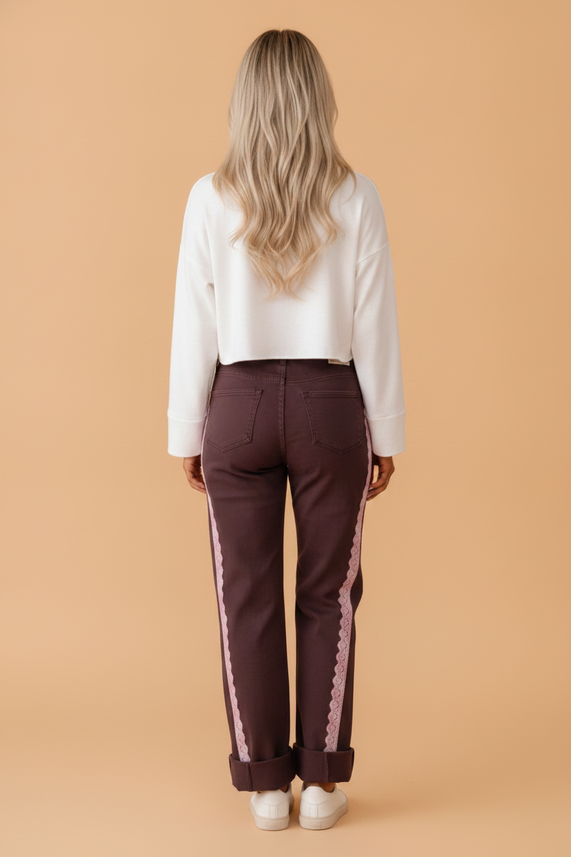 Lace Trim Side Stripe Straight Leg Jeans