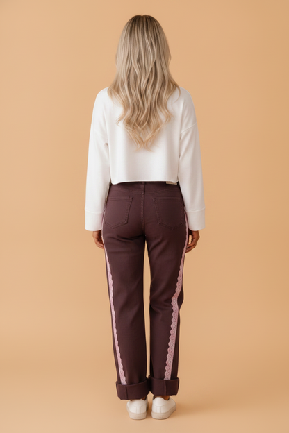 Lace Trim Side Stripe Straight Leg Jeans