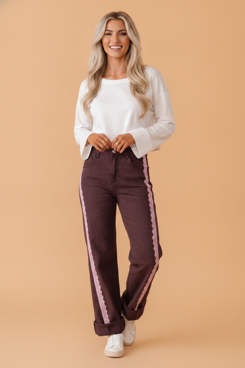 Lace Trim Side Stripe Straight Leg Jeans