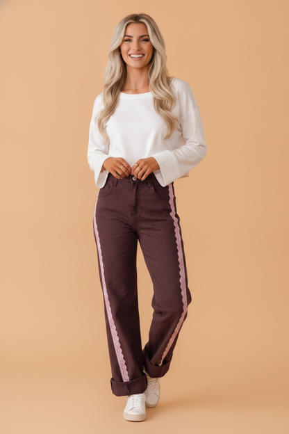Lace Trim Side Stripe Straight Leg Jeans
