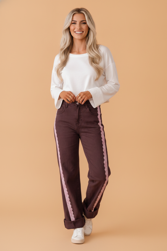 Lace Trim Side Stripe Straight Leg Jeans