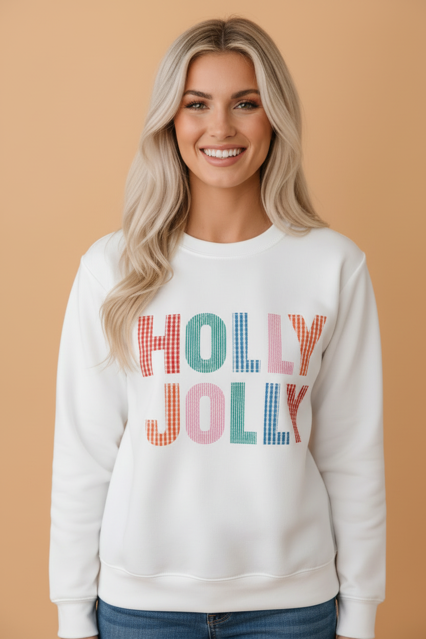 Christmas HOLLY JOLLY Gingham Patchwork Sweatshirt