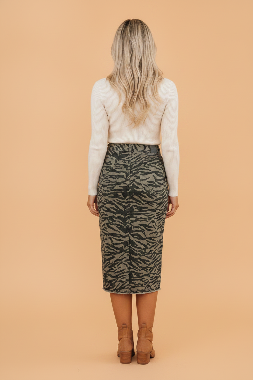 Tiger Stripe Denim Side Slit Raw Hem Midi Skirt