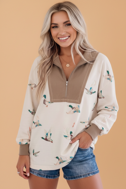 Mallard Ribbed Patchwork Zip Neck Long Sleeve Top