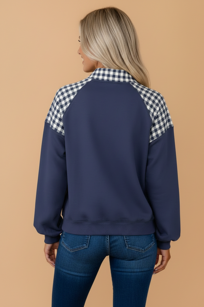 Gingham Patchwork Half Zip Kangaroo Pocket Sweatshirt