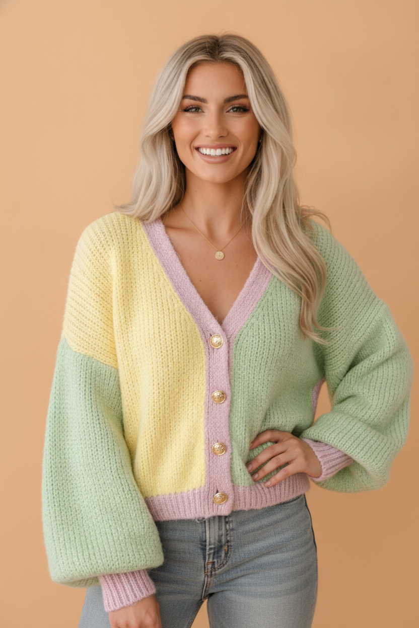 Colorblock Drop Shoulder Buttoned V-Neck Cardigan