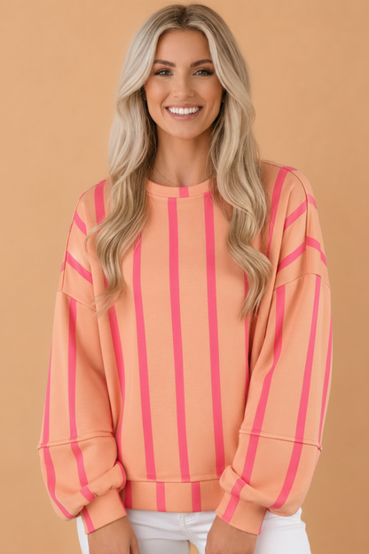 Stripe Drop Shoulder Round Neck Long Sleeve Sweatshirt