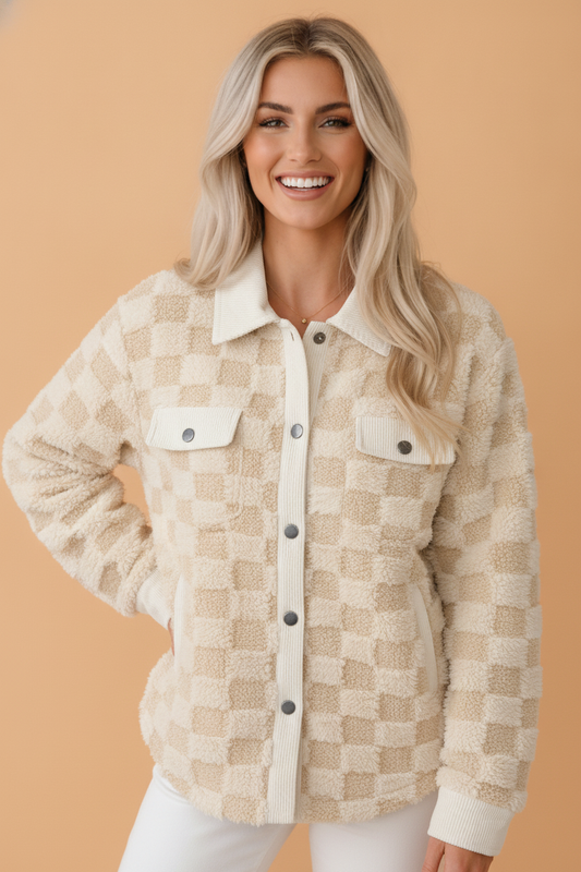 Checker Plush Fleece Corduroy Trim Buttoned Shacket