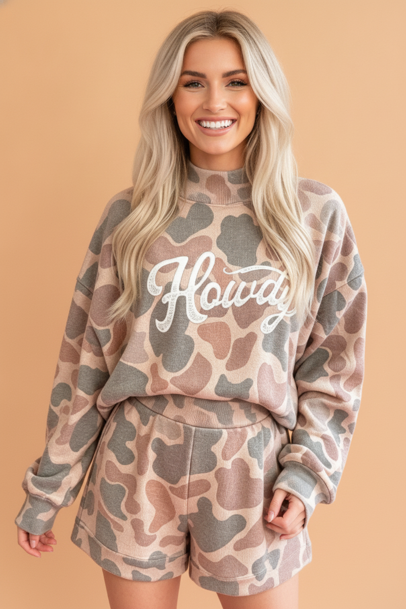 Western Howdy Camo Mock Neck Top & Shorts Set