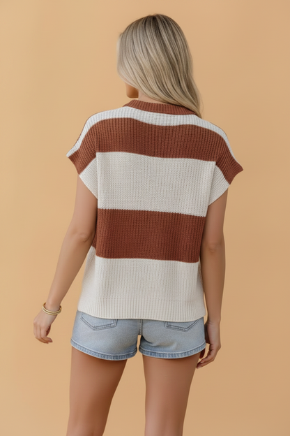 Stripe Colorblock V-Neck Short Sleeve Loose Knit Top
