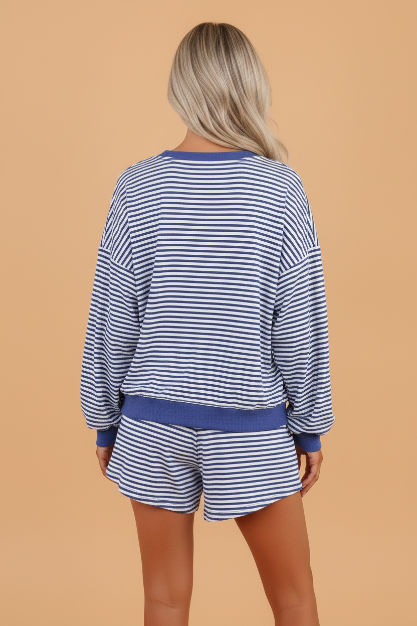 Stripe Long Sleeve Top & Drawstring Shorts Set