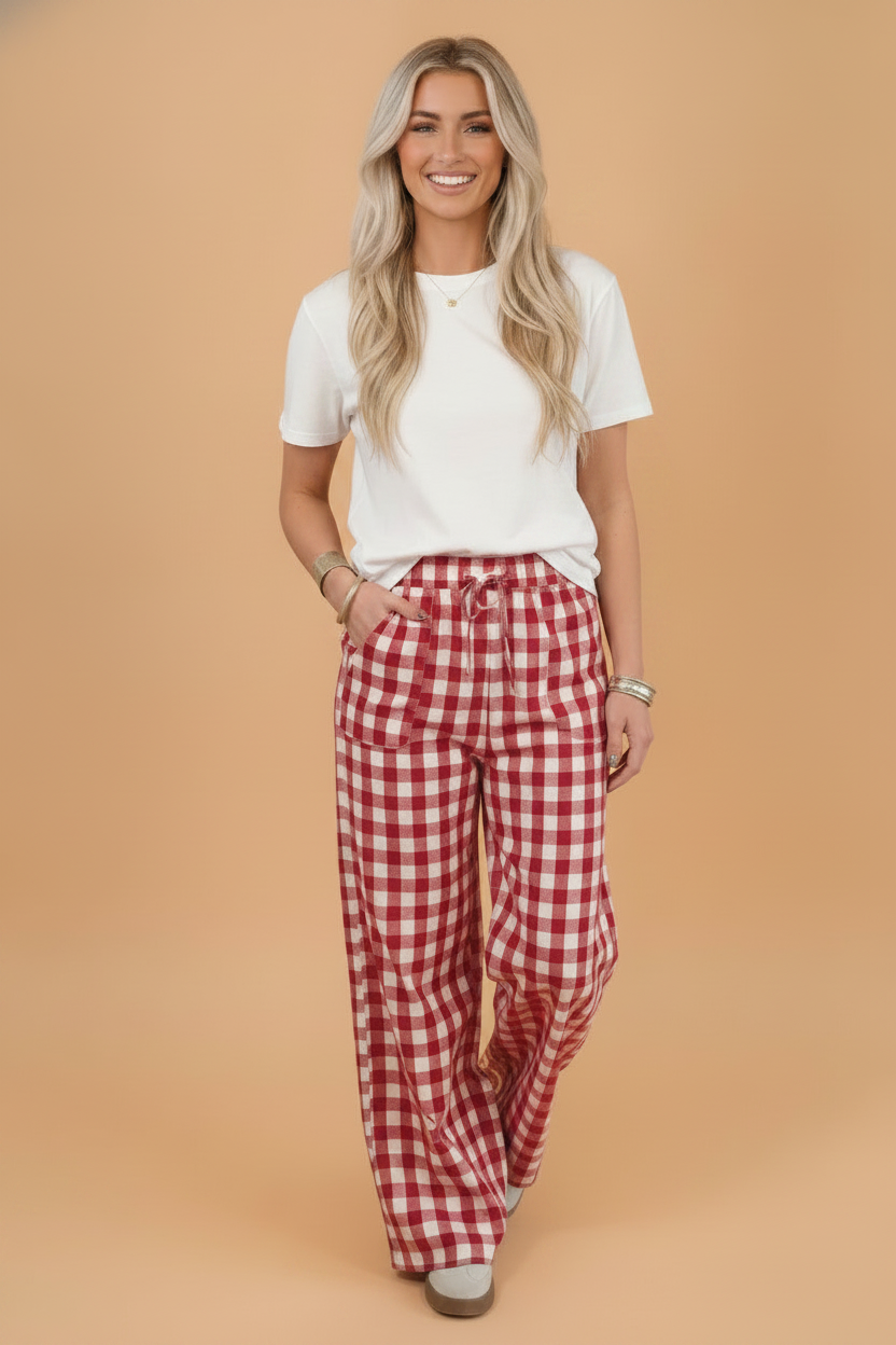 Gingham Drawstring High Waist Wide Leg Pants
