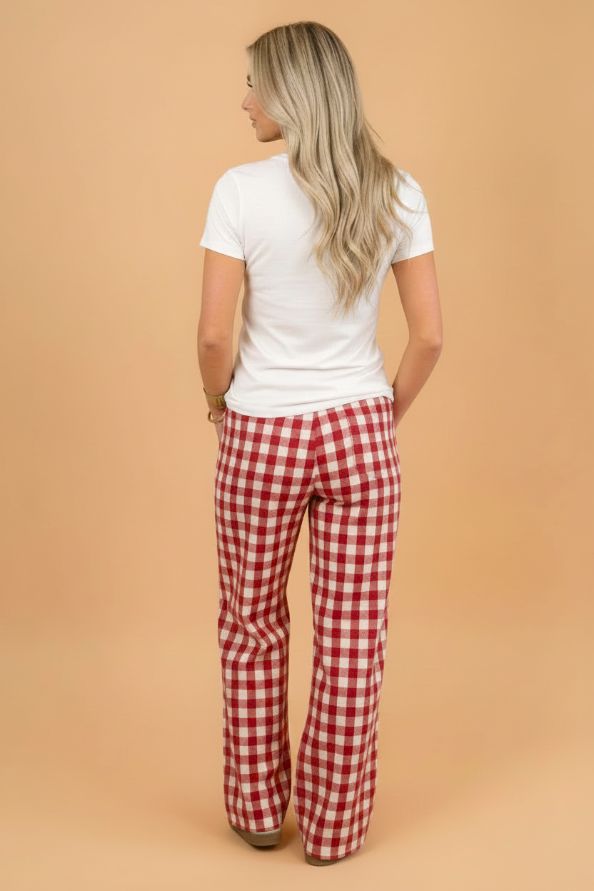 Gingham Drawstring High Waist Wide Leg Pants